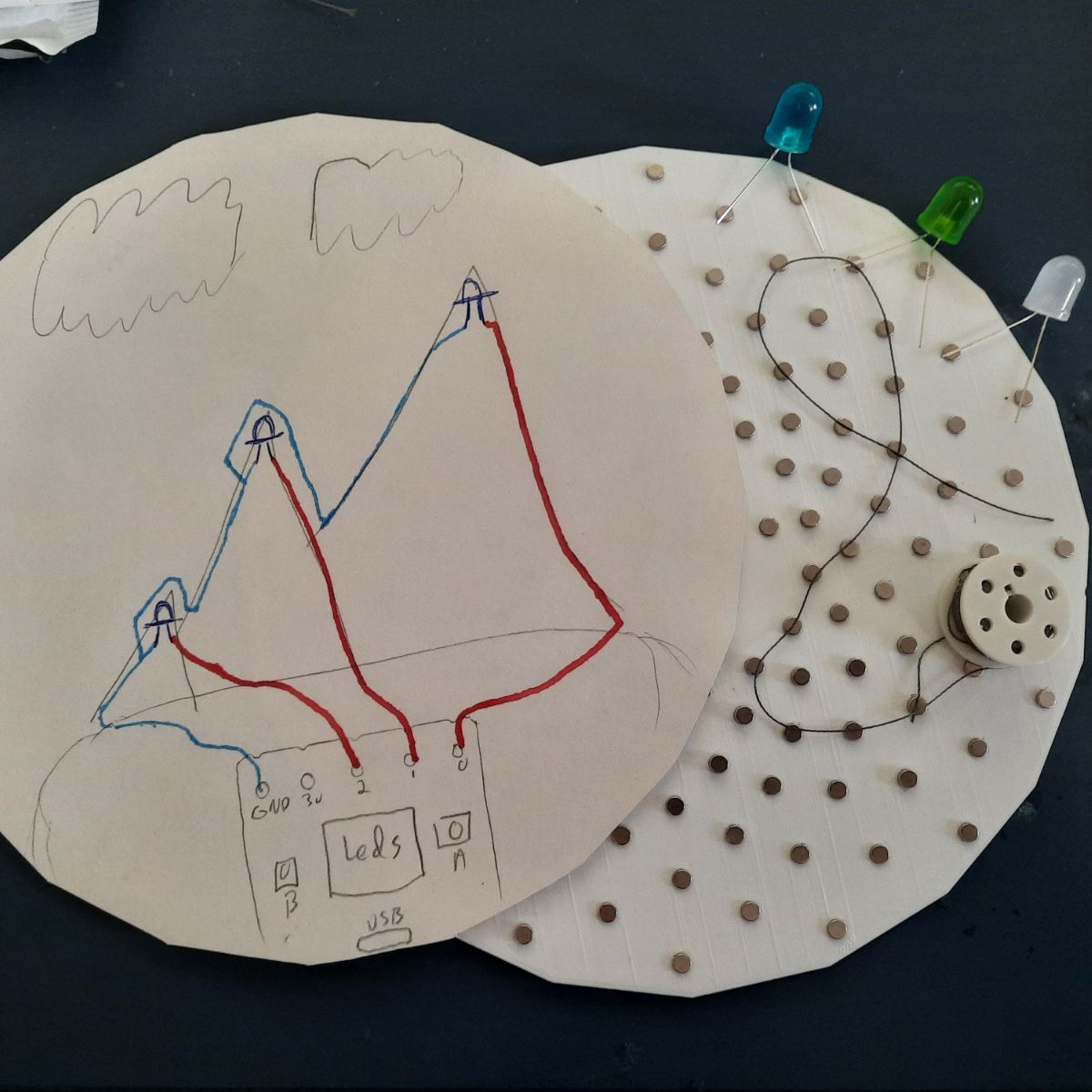 An example of an e-textile prototype made with paper and a magnetic ThreadBoard.